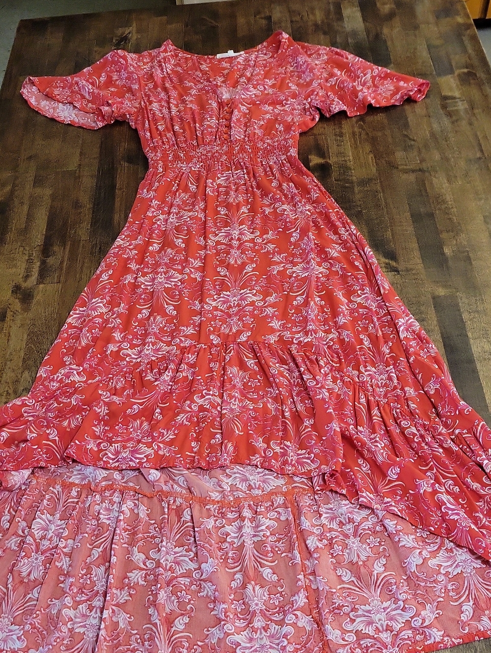 Abel The Label Women's Coral Floral Hi Low Dress with Smocked Waist Size Xs